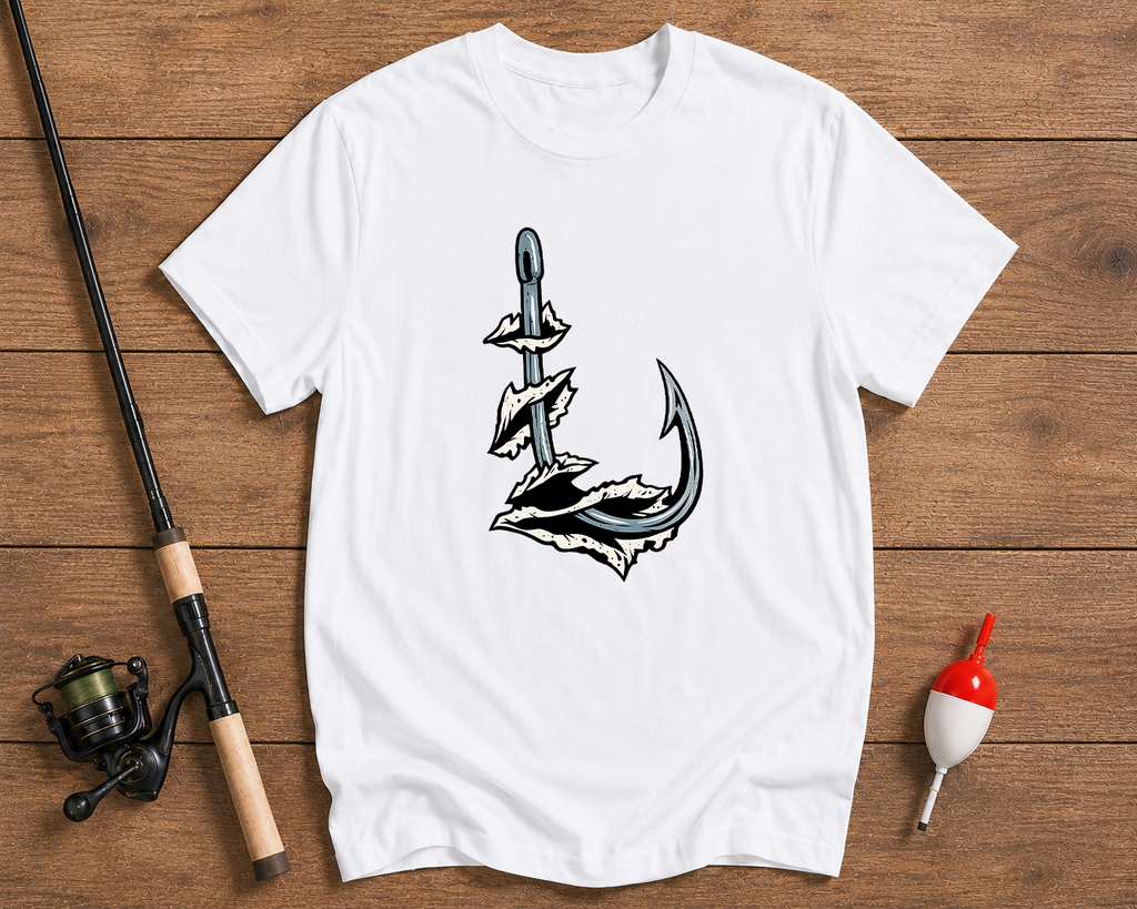 Hooked fishing graphic tee in pearl white featuring a fishing hook artwork by Funky Fish Club