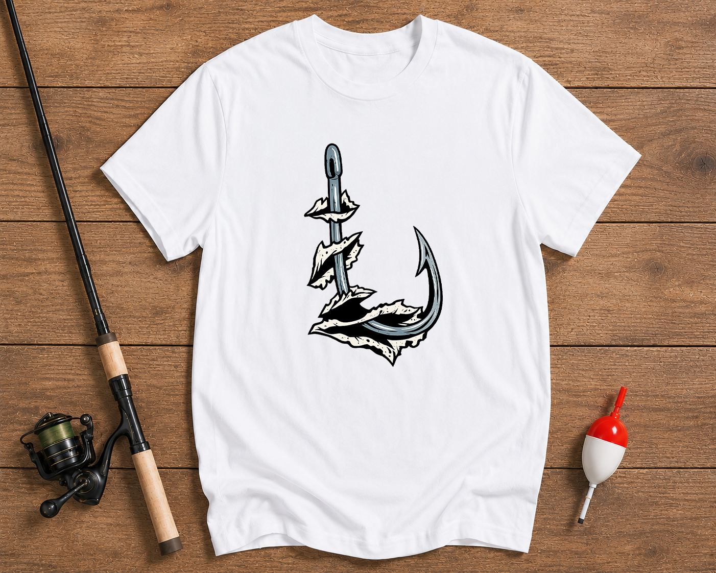 Hooked fishing graphic tee in pearl white featuring a fishing hook artwork by Funky Fish Club