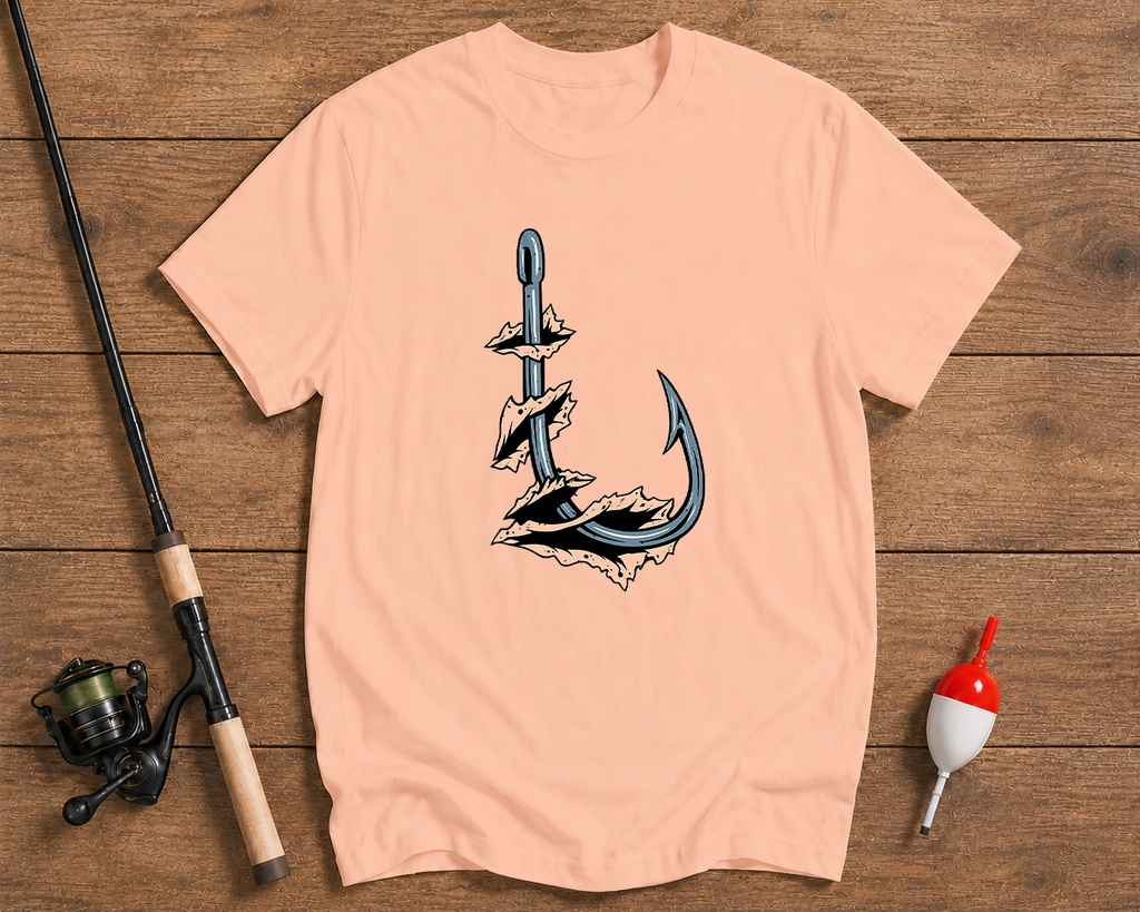 Fishing hook shirt in salmon featuring a bold angler graphic by Funky Fish Club