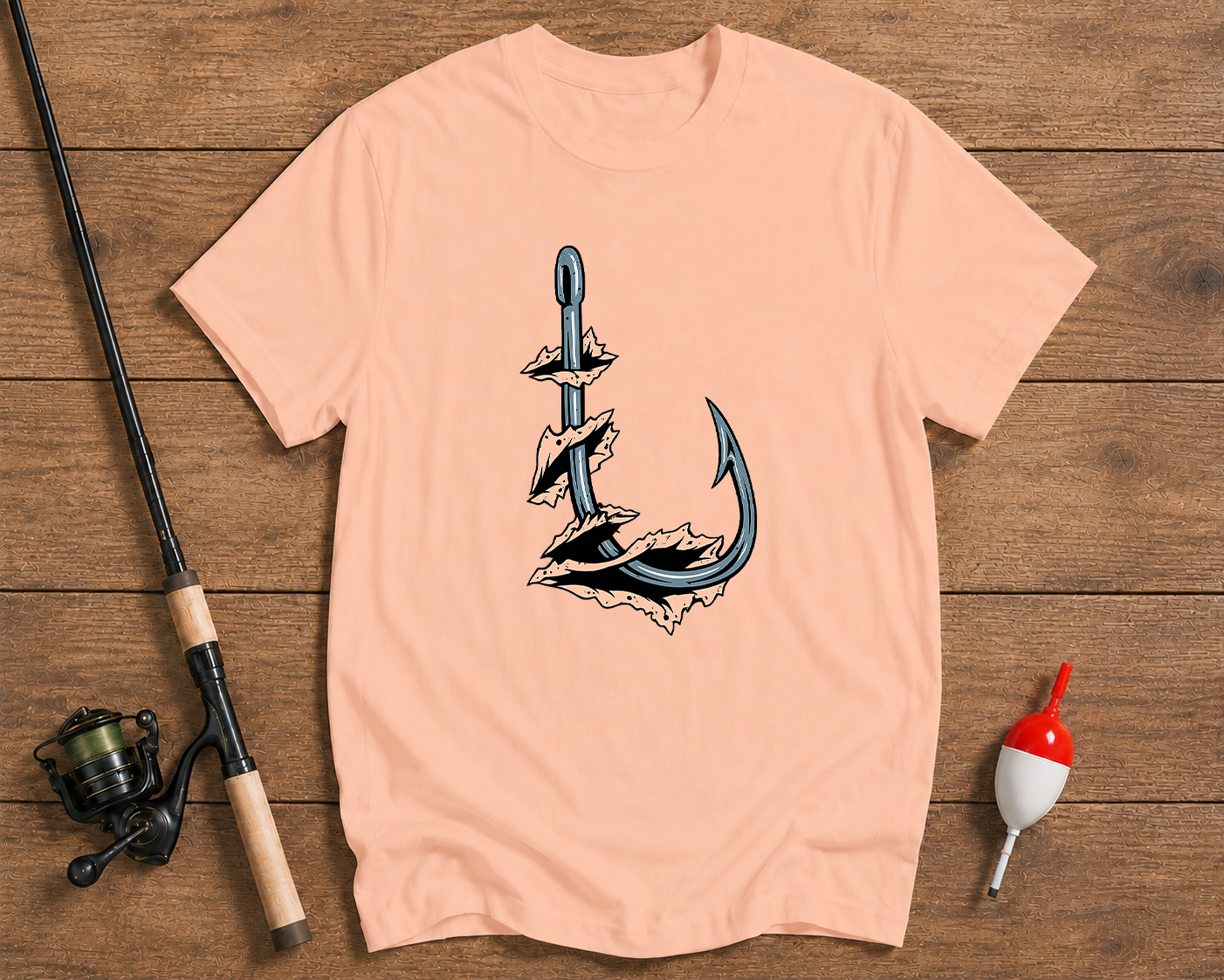 Fishing hook shirt in salmon featuring a bold angler graphic by Funky Fish Club