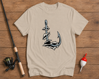 Minimalist fishing shirt in sand beige featuring a fishing hook graphic by Funky Fish Club