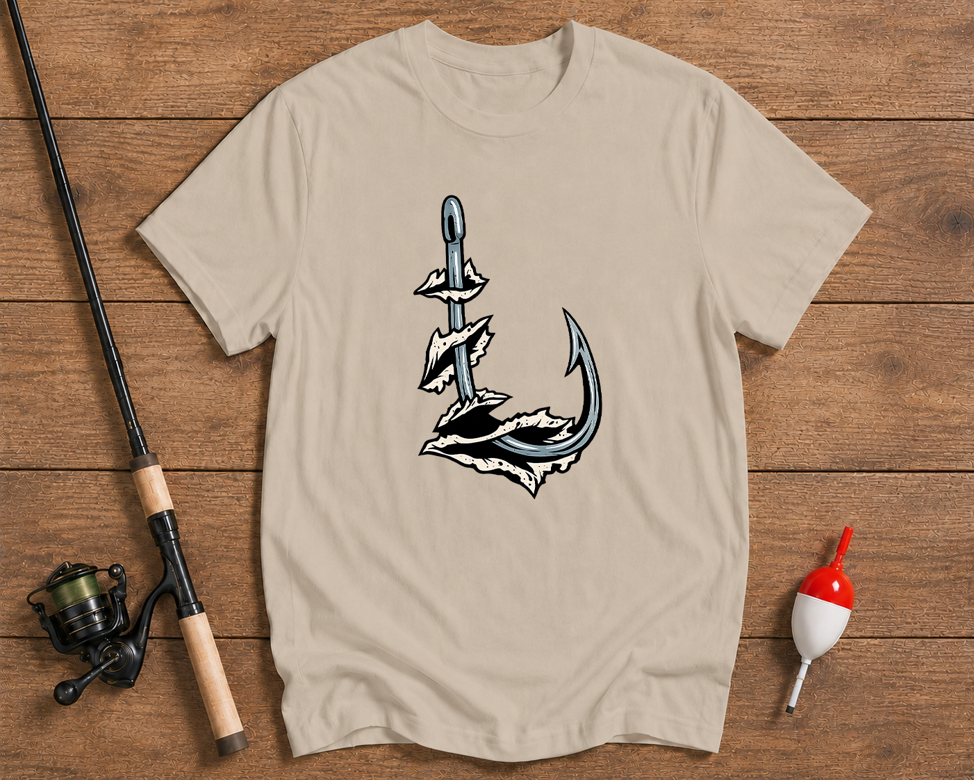 Minimalist fishing shirt in sand beige featuring a fishing hook graphic by Funky Fish Club