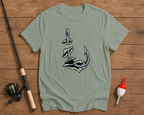 Hooked fishing t-shirt in seaweed green featuring a torn shirt fishing hook design by Funky Fish Club