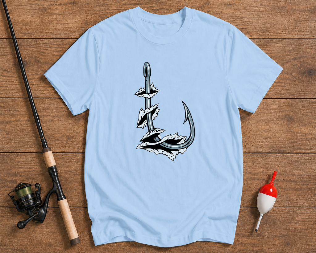 Fishing hook t-shirt in sky blue featuring a clean angler design by Funky Fish Club