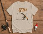 Funny fishing graphic tee in beige with I Swear It Hit design by Funky Fish Club