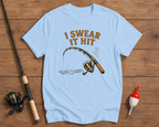 Funny fishing t-shirt in sky blue with I Swear It Hit artwork by Funky Fish Club