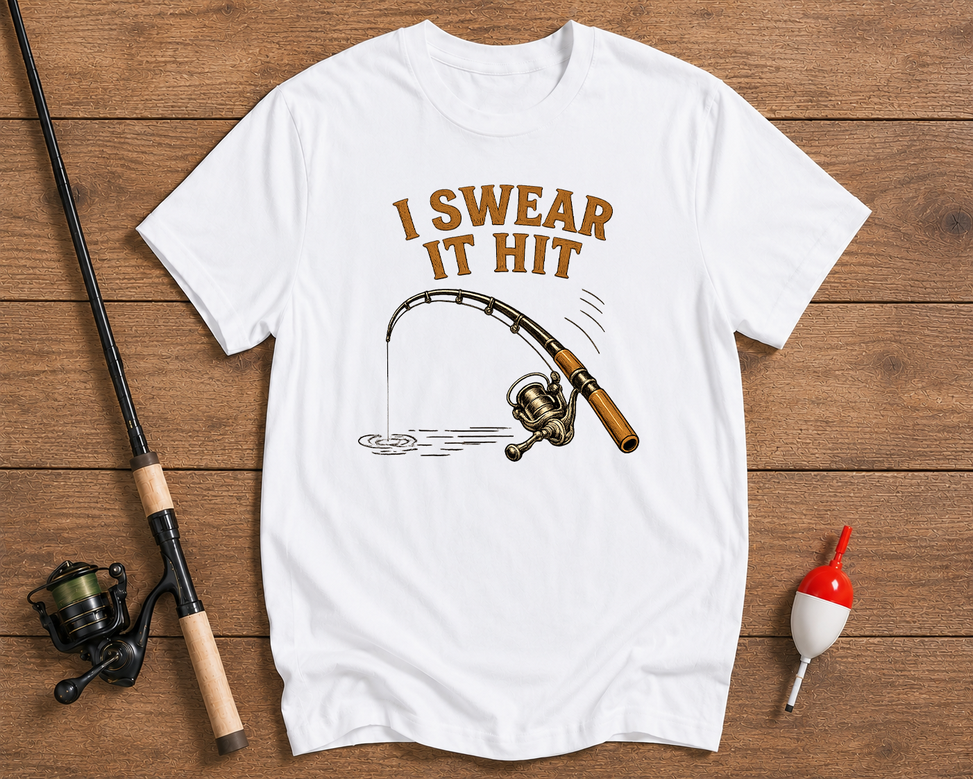 Funny I Swear It Hit fishing shirt in white with a fishing rod design by Funky Fish Club
