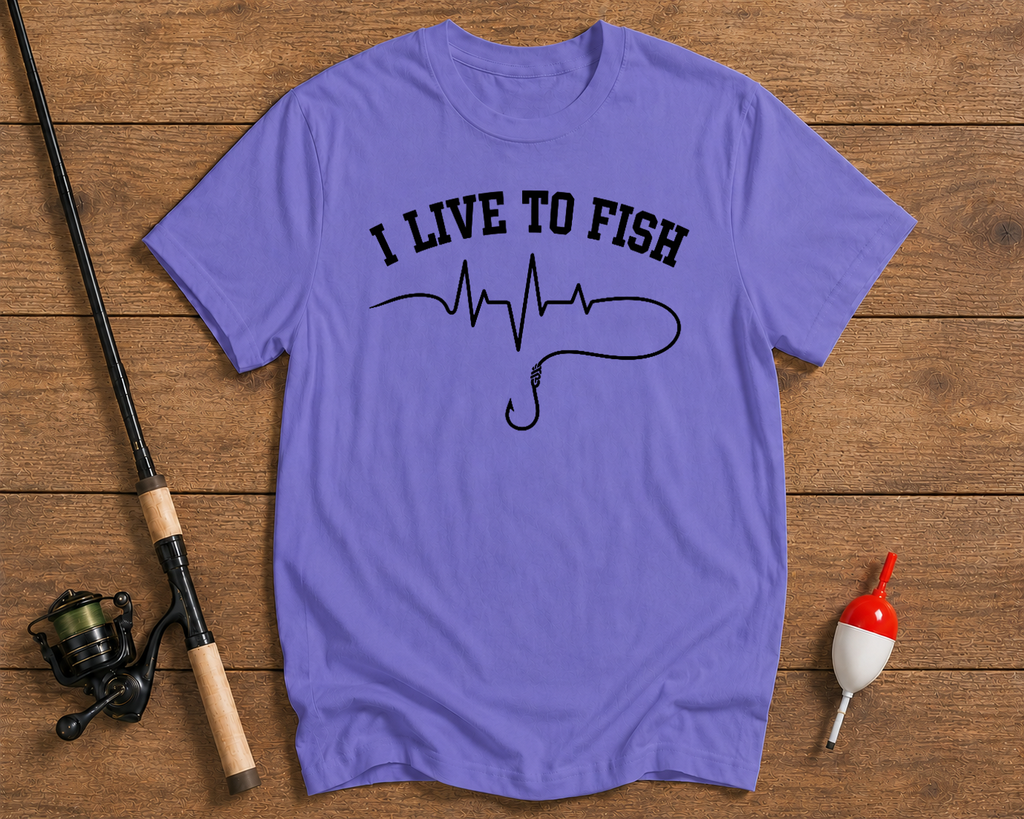Live To Fish fishing lifestyle t-shirt in lavender by Funky Fish Club