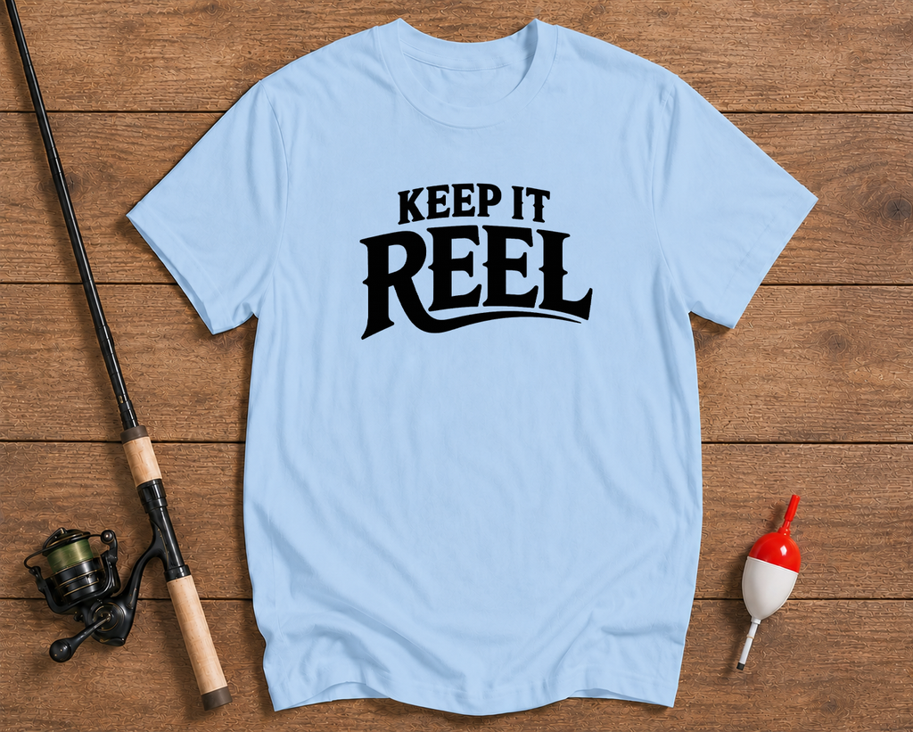 Keep It Reel fishing t-shirt in sky blue by Funky Fish Club