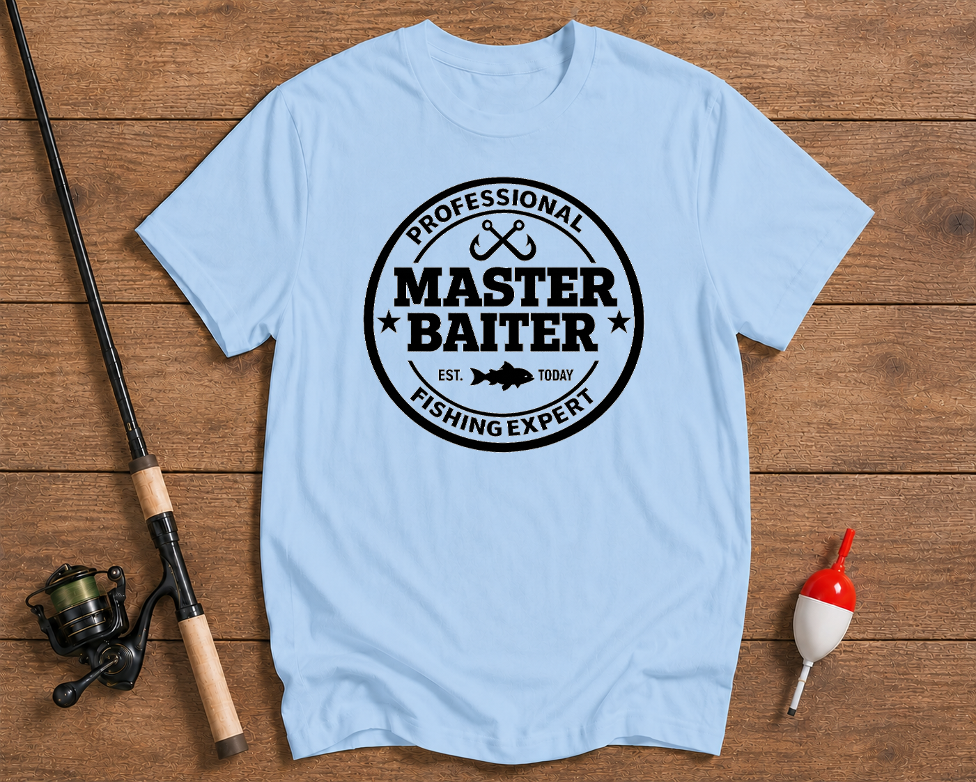 Professional Master Baiter fishing humor tee in sky blue by Funky Fish Club