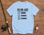 Fishing To Do List funny fishing shirt in sky blue by Funky Fish Club