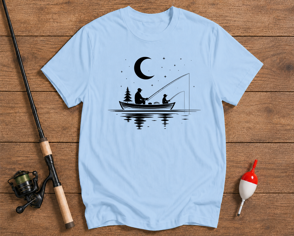 Father and son night fishing graphic shirt in sky blue by Funky Fish Club