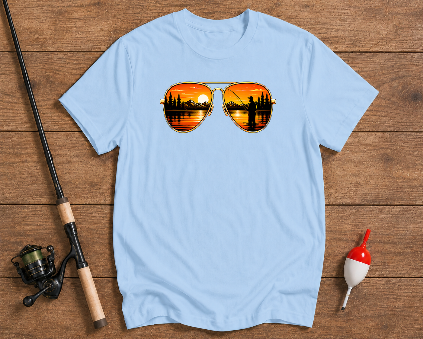 Sunset reflection fishing graphic shirt in sky blue by Funky Fish Club