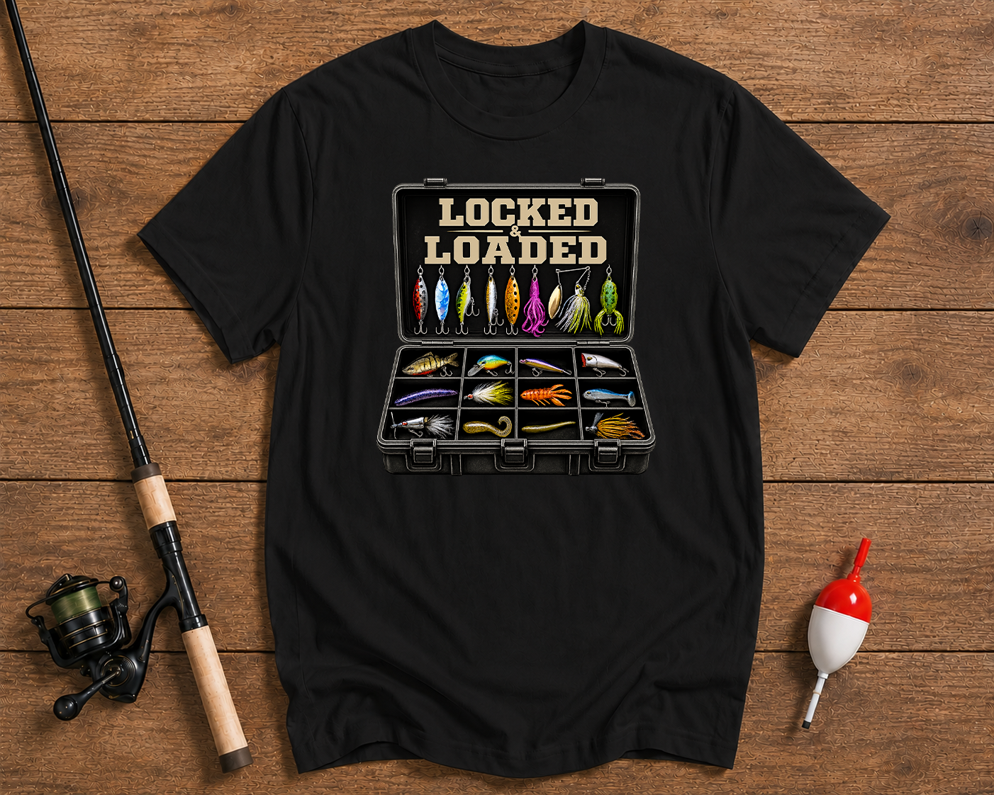 Locked & Loaded fishing t-shirt in black featuring a tackle box full of fishing lures by Funky Fish Club