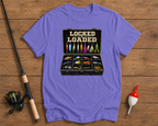 Locked & Loaded fishing graphic tee in lavender featuring colorful tackle and lure artwork by Funky Fish Club