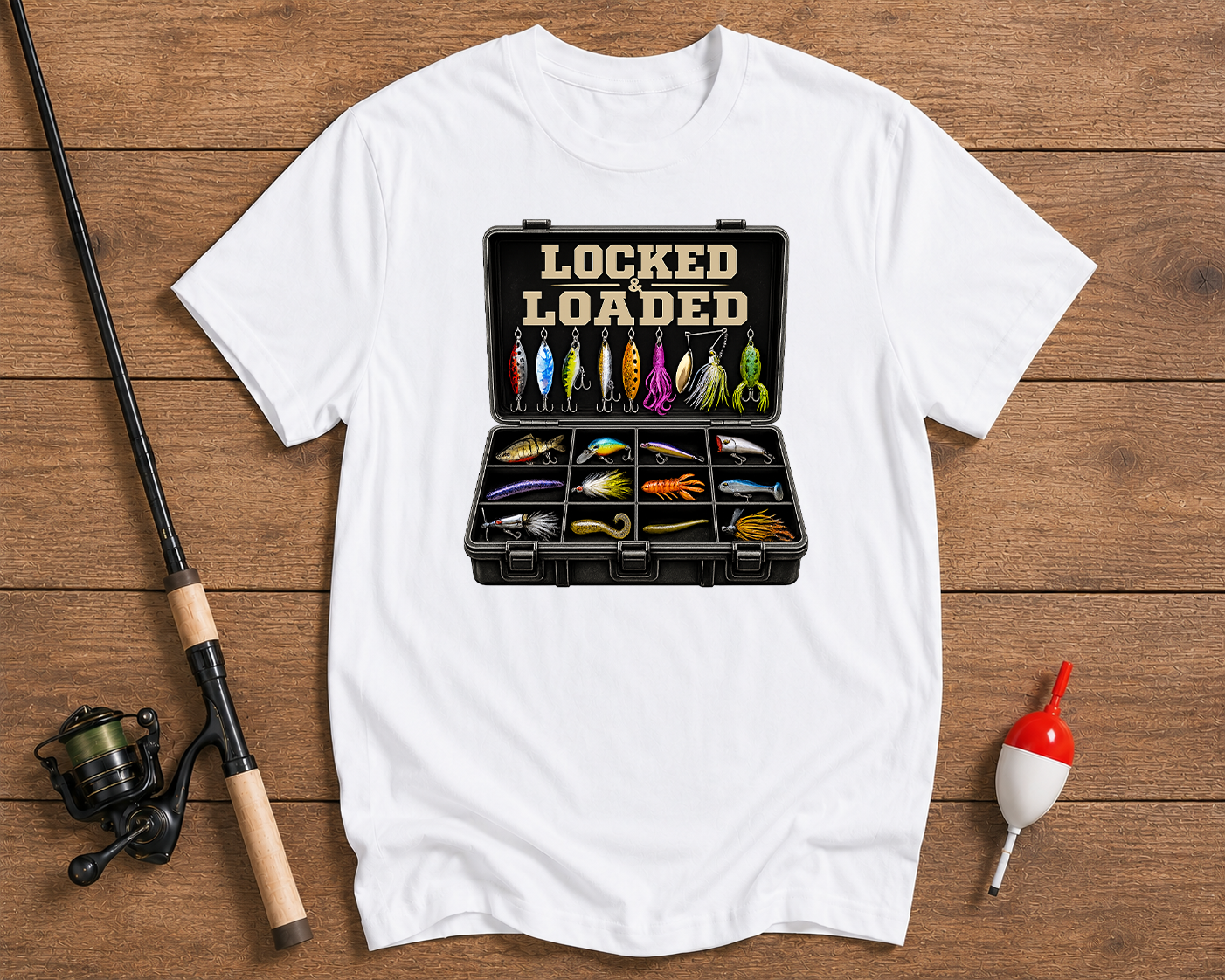Locked & Loaded fishing graphic tee in pearl white featuring a tackle box full of fishing baits by Funky Fish Club