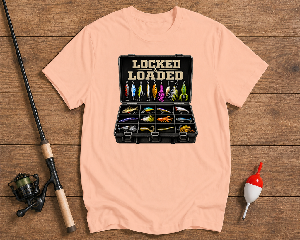 Fishing tackle box shirt in salmon featuring assorted fishing lures by Funky Fish Club