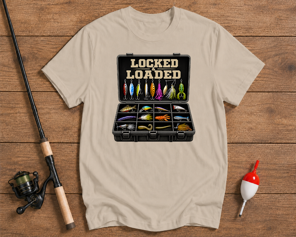 Fishing gear shirt in sand beige featuring a lure collection design by Funky Fish Club