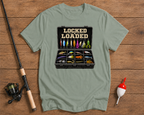 Locked & Loaded angler t-shirt in seaweed green featuring a tackle box graphic by Funky Fish Club