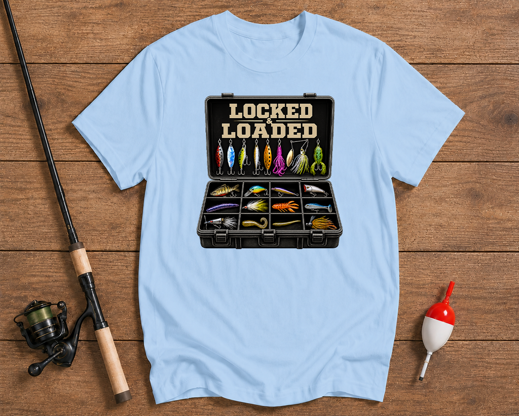 Fishing lure t-shirt in sky blue featuring a loaded tackle box illustration by Funky Fish Club