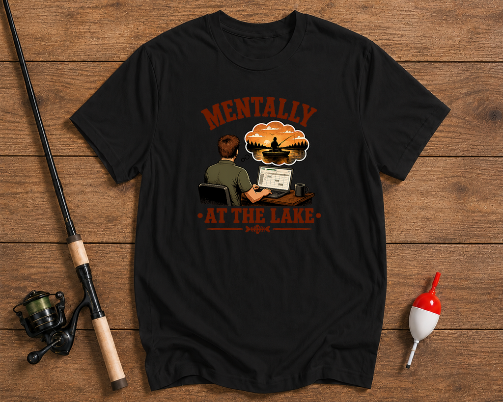 Mentally At The Lake fishing t-shirt in black featuring an office worker dreaming about fishing by Funky Fish Club