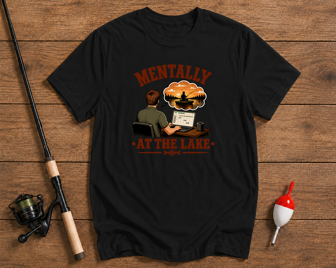 Mentally At The Lake fishing t-shirt in black featuring an office worker dreaming about fishing by Funky Fish Club