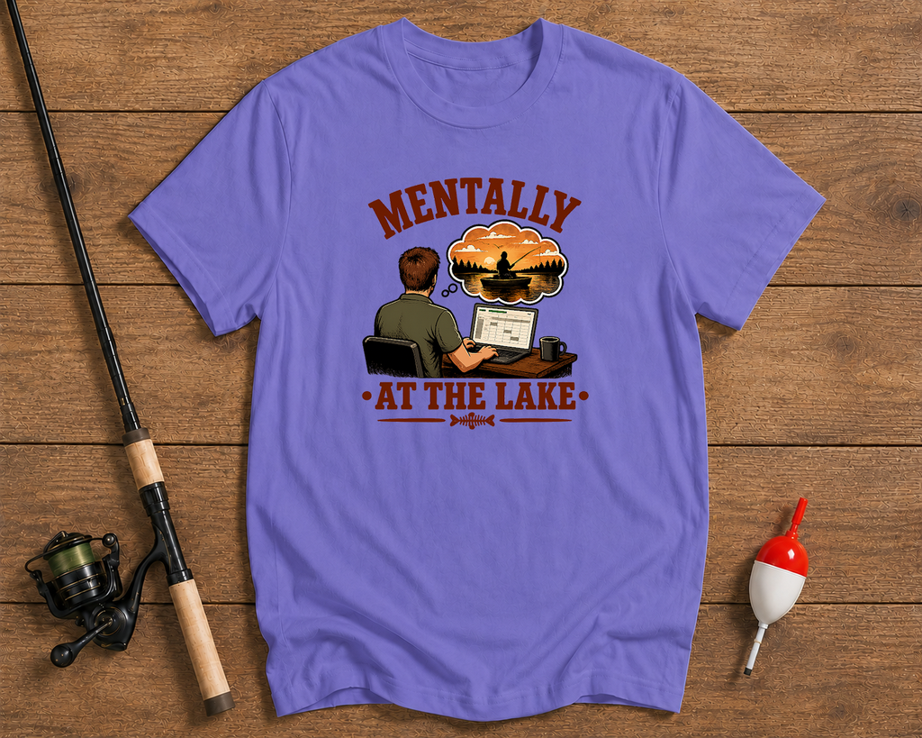 Mentally At The Lake fishing graphic tee in lavender featuring a fisherman daydream design by Funky Fish Club