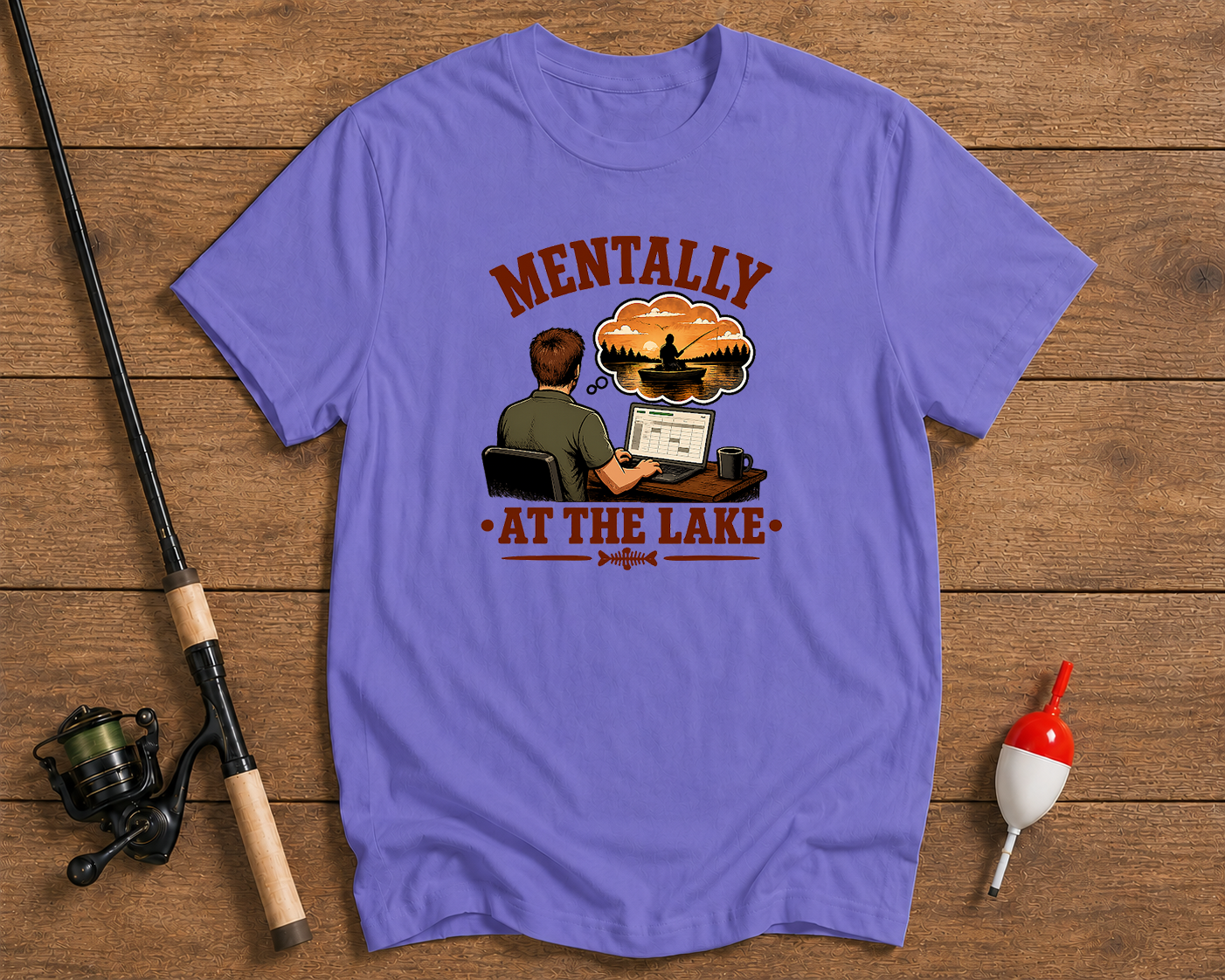 Mentally At The Lake fishing graphic tee in lavender featuring a fisherman daydream design by Funky Fish Club