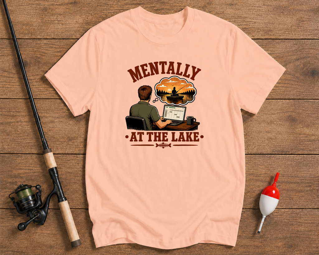 Funny fishing shirt in salmon featuring an office worker thinking about the lake by Funky Fish Club
