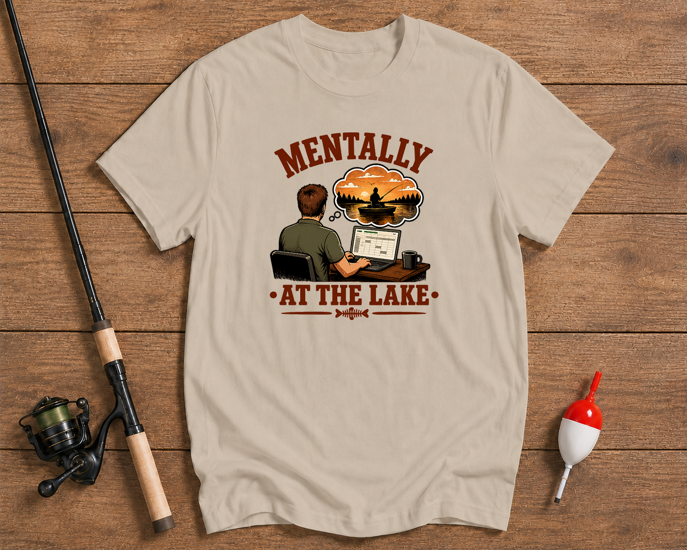 Fishing humor shirt in sand beige featuring a worker dreaming about fishing by Funky Fish Club