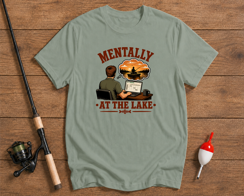 Mentally At The Lake angler t-shirt in seaweed green featuring a fishing daydream graphic by Funky Fish Club