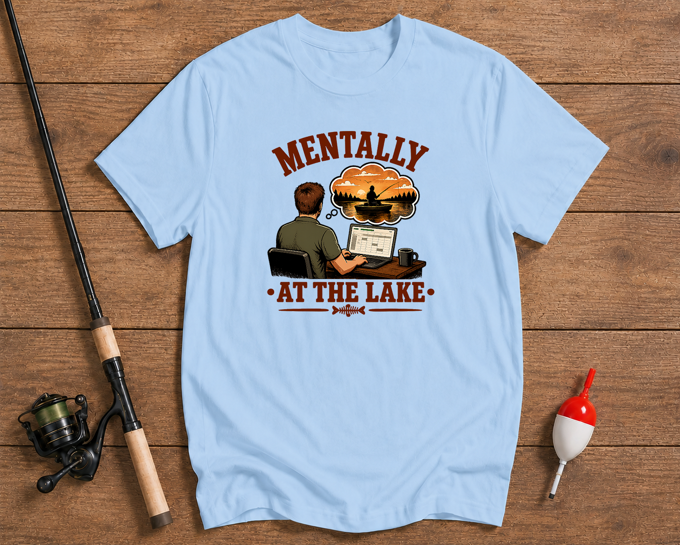 Funny fishing t-shirt in sky blue featuring an office worker imagining a day on the water by Funky Fish Club