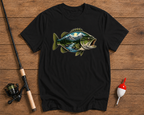 Mountain Bass fishing t-shirt in black featuring a largemouth bass with a scenic mountain river landscape by Funky Fish Club
