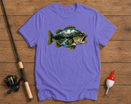 Mountain Bass fishing graphic tee in lavender featuring scenic bass and mountain artwork by Funky Fish Club