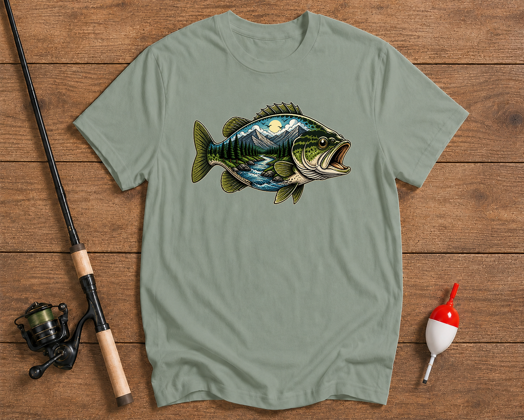 Mountain Bass fishing tee in sage green featuring a scenic bass and mountain river design by Funky Fish Club