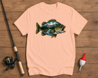 Mountain Bass nature-inspired fishing t-shirt in salmon featuring scenic bass artwork by Funky Fish Club