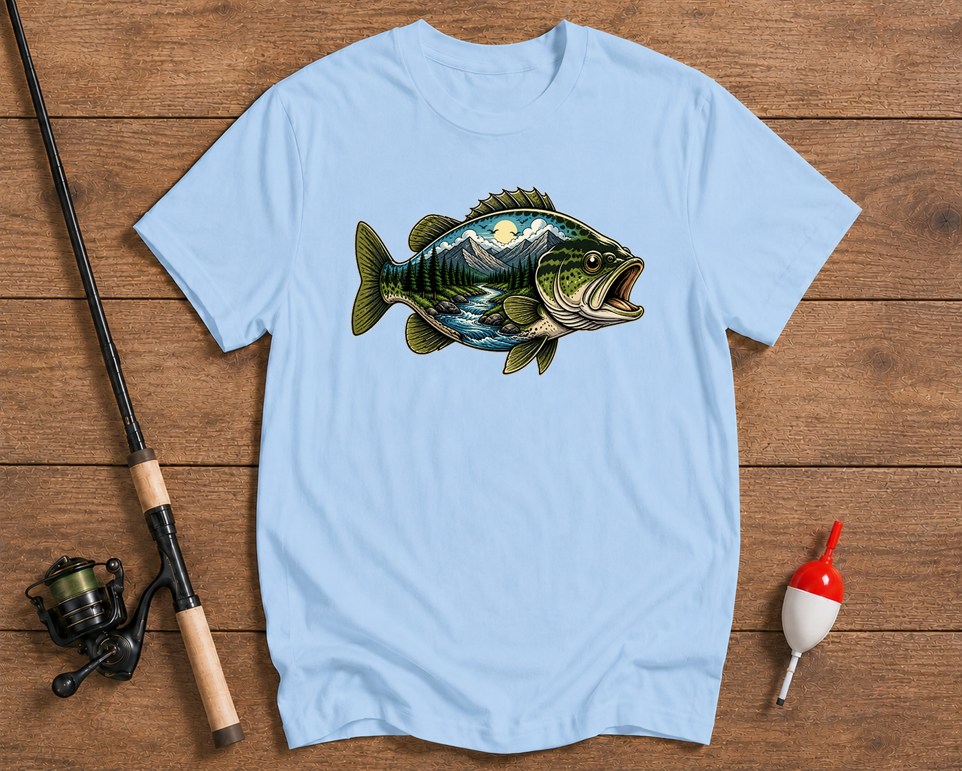 Mountain Bass outdoor fishing shirt in sky blue with colorful largemouth bass landscape artwork by Funky Fish Club