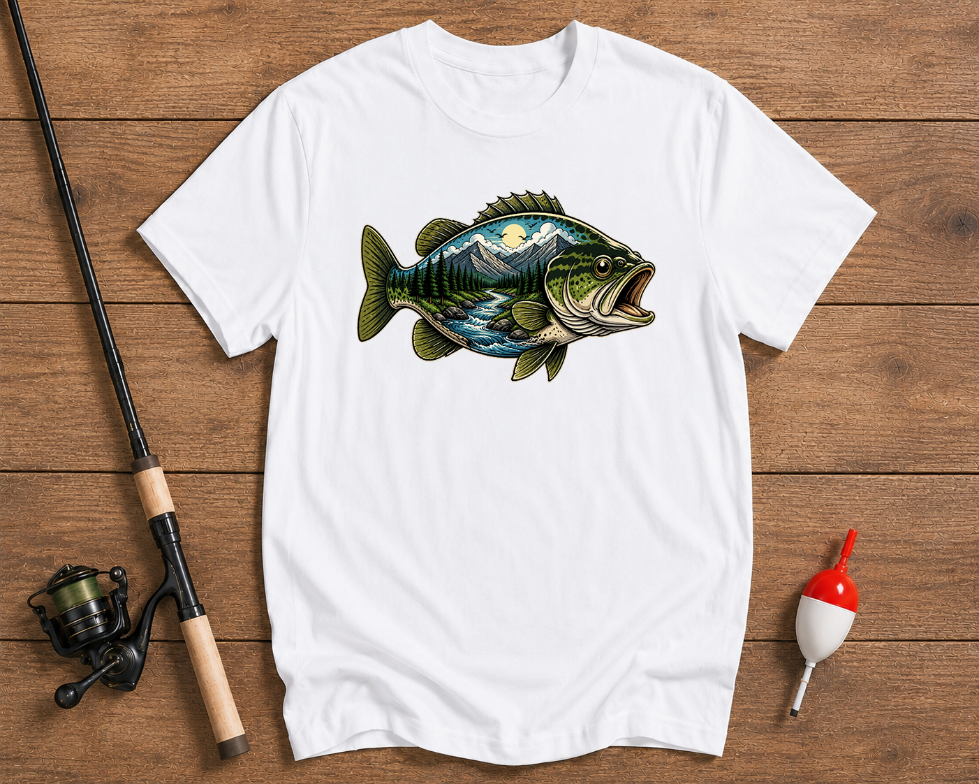 Mountain Bass graphic fishing shirt in white with detailed largemouth bass nature artwork by Funky Fish Club
