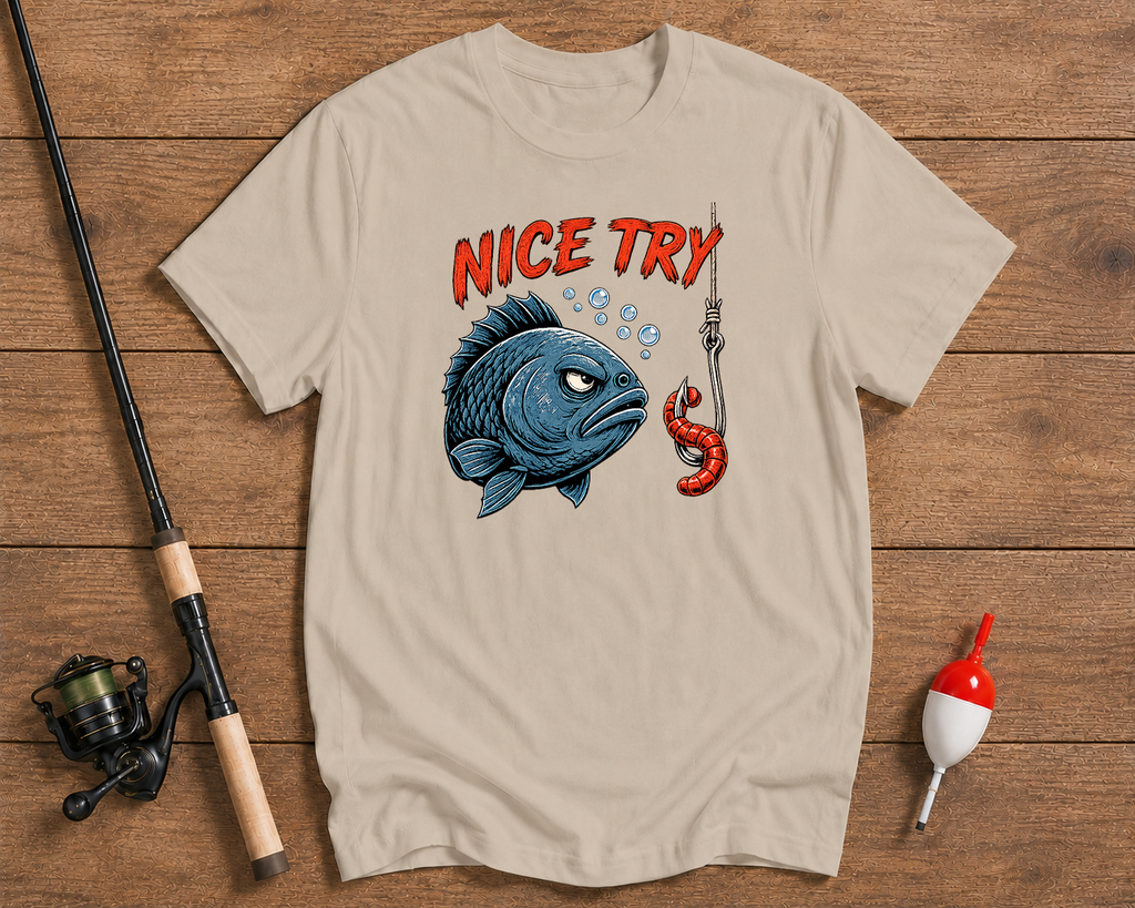 Beige t-shirt with a graphic of a fish and lobster on a wooden surface with fishing equipment.

