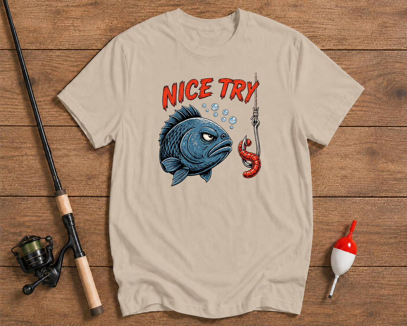 Beige t-shirt with a graphic of a fish and lobster on a wooden surface with fishing equipment.

