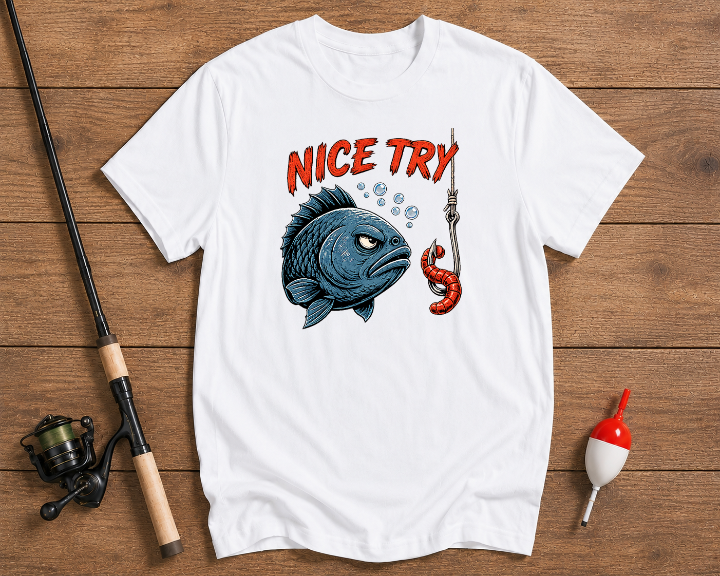 White t-shirt with a graphic design of a fish and lobster on a wooden surface with fishing equipment.

