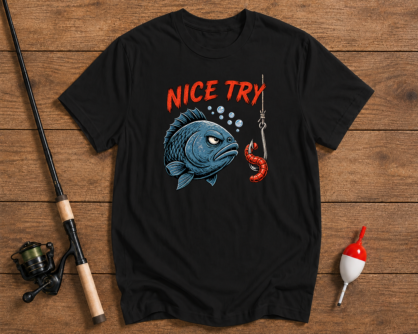 Black t-shirt with a fish graphic and 'Nice Try' text on a wooden surface with fishing equipment.

