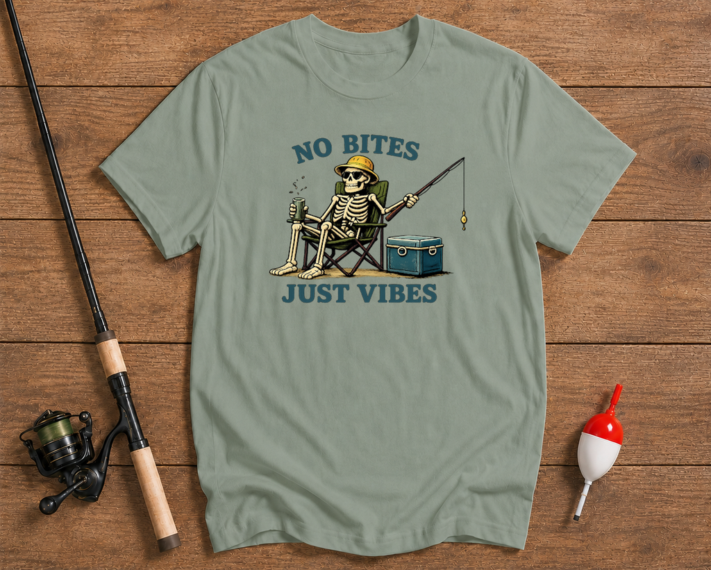Skeleton fisherman fishing graphic tee in seaweed green by Funky Fish Club