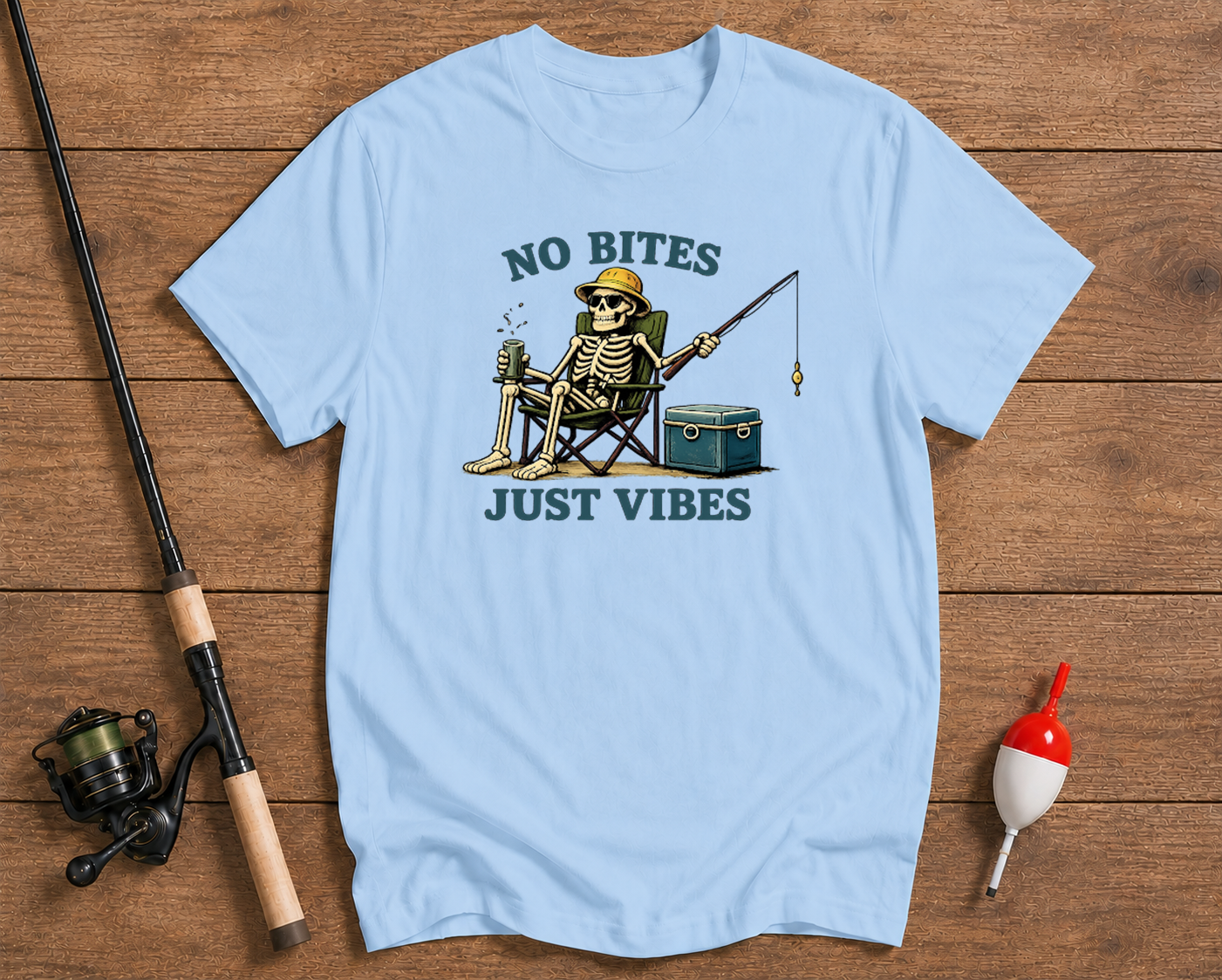 Skeleton fisherman outdoors fishing tee in sky blue by Funky Fish Club