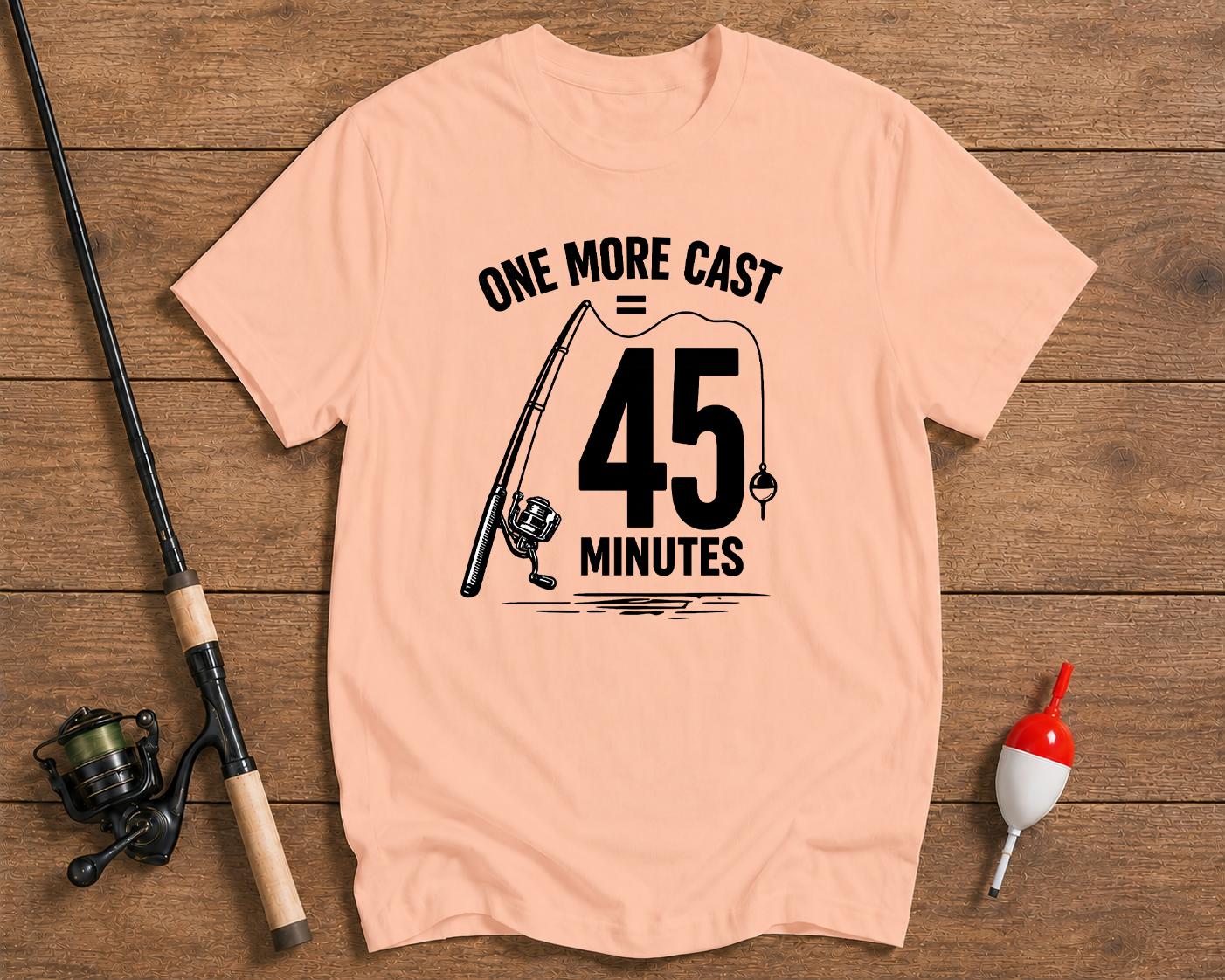 Funny One More Cast 45 Minutes fishing shirt in salmon featuring a fishing rod illustration by Funky Fish Club