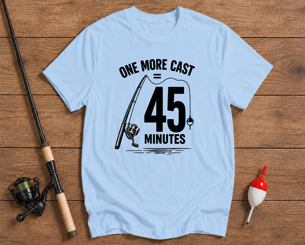 Funny fishing t-shirt in sky blue with One More Cast 45 Minutes artwork by Funky Fish Club