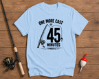 Funny fishing t-shirt in sky blue with One More Cast 45 Minutes artwork by Funky Fish Club
