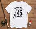 Funny One More Cast 45 Minutes fishing shirt in white with a fishing rod illustration by Funky Fish Club