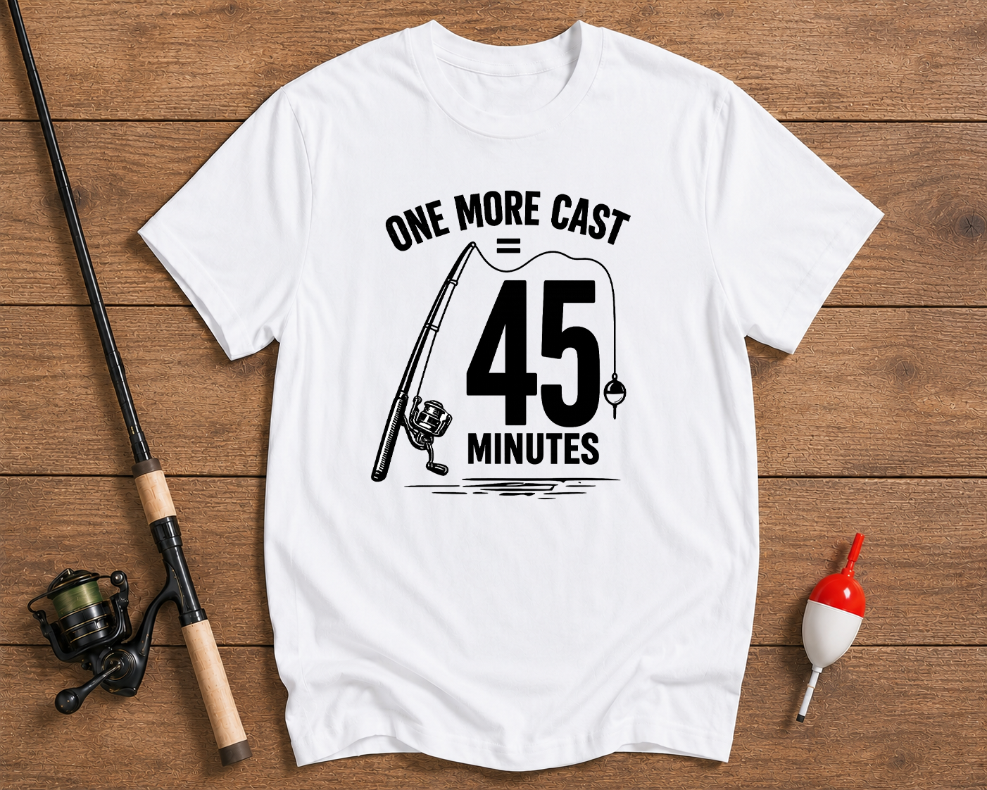 Funny One More Cast 45 Minutes fishing shirt in white with a fishing rod illustration by Funky Fish Club
