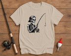 Funny skeleton fisherman t-shirt in beige featuring a fishing rod design by Funky Fish Club
